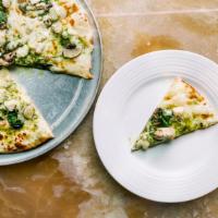 Chicken Pesto Alfredo Pizza · White sauce, Mozzarella Cheese, grilled Chicken, fresh Spinach, Mushrooms, Pesto sauce.  Our...