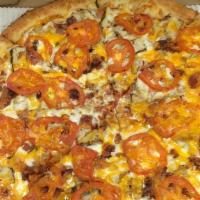 Chicken Fresco (Large) · Grilled chicken, bacon, onions, sliced tomatoes, our original sauce,and signature three-chee...