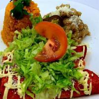 Enchiladas Mexicanas · Cheese Or Chicken, Topped in Roasted Tomatillo Sauce, Sour Cream and Cotija, Cheese Enchilad...