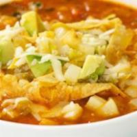 Sopa Azteca · Tortilla Soup, Chicken Broth, Dry Chiles, Avocado, Panela Cheese, Grilled Chicken Breast and...
