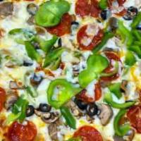 Supreme · Pepperoni, sausage, bell peppers, onions, mushrooms, and olives.