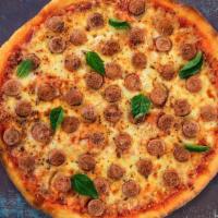 Green Chile Chicken Sausage Pizza · Ground Chicken marinated with NM Green Chile baked on a hand-tossed 12