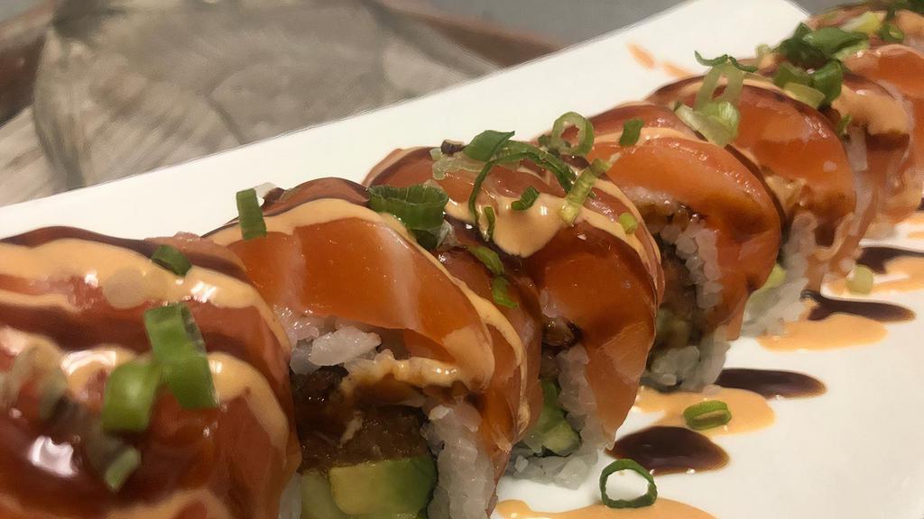 Drunk Roll · Spicy tuna, avocado, cucumber, spicy mayo, unagi sauce, scallion and salmon on top