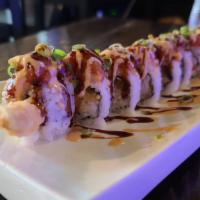 Red Dragon Roll · Shrimp tempura roll with spicy tuna on top, spicy mayo, unagi sauce, and scallion