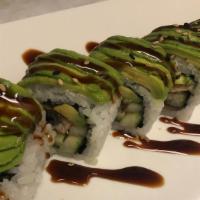 Caterpillar Roll · Unagi, cucumber, unagi sauce, and thinly-sliced avocados on top