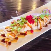 Zushi Flower Roll · Shrimp tempura, avocado, spicy tuna with seared salmon on top, spicy mayo, unagi sauce, parm...
