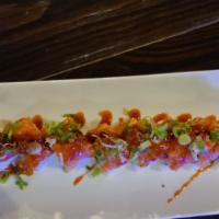 Northwest Roll · Shrimp Tempura, spicy salmon, avocado, ikura on top with chives, spicy apple sauce and unagi...