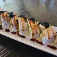 Black & White Roll · California roll with seared escolar on top, unagi sauce and black tobiko