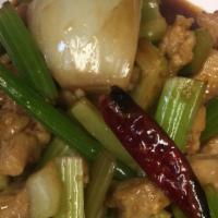 Kung Pao Chicken · Hot & spicy. Diced chicken sautéed with water chestnuts, celery pepper, snow peas, bamboo sh...