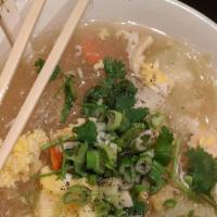 Thai Glass Noodle Soup · Glass noodles, cabbage, carrot, baby corn, celery, mushroom, green onion, chicken and egg.