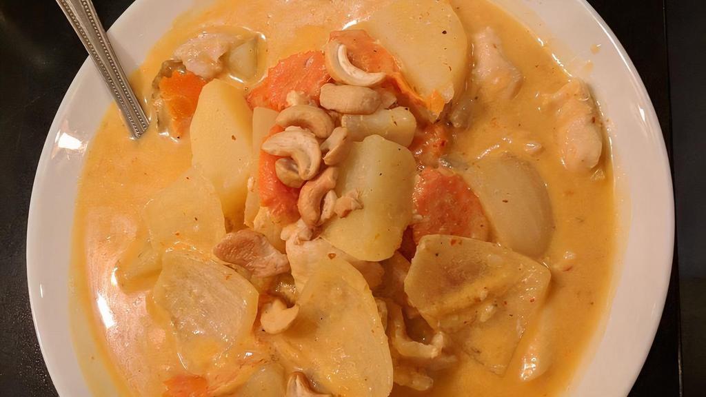 Massaman Curry · Vegetarian. Massaman curry is a Southern Thailand's curry with influence from India. Massaman paste, coconut milk, onion, carrot, potatoes, and topped with cashew.