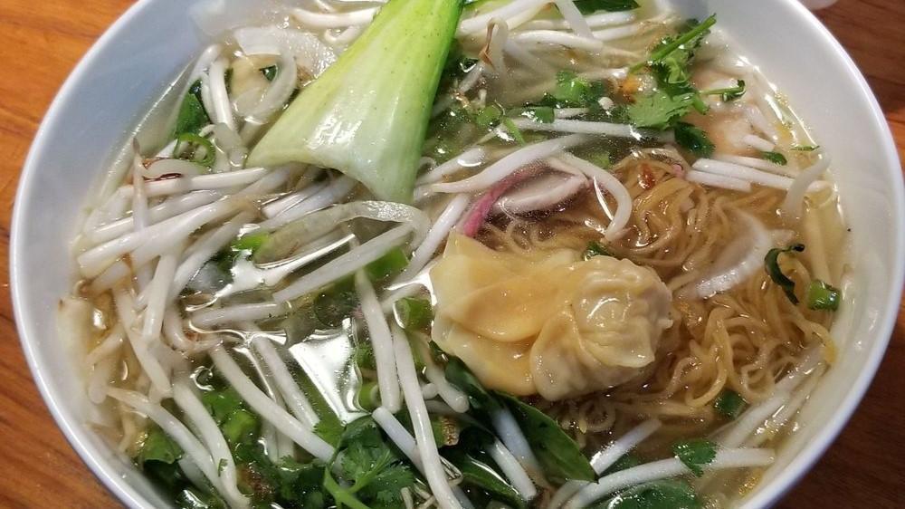 Sup Hoanh Thanh | Wonton Soup · Broth with bbq pork, pork wontons, and bok choy (no noodles included).