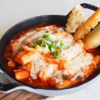 Cheese Tteokbokki · spicy stir-fried Korean rice cakes simmered in mama's chili sauce, contains fishcakes, scall...