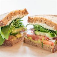 The Wildwood · Avocado, Spinach, Red Onion, Cucumber, Tomato, and Herb Mascarpone on Wheat Bread