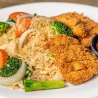 Thai Fried Rice With Crispy Chicken  · Thai jasmine rice stir with egg, tomatoes, carrots, onions, tomato, and broccoli topped with...