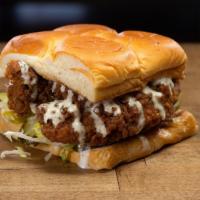 Bad Mutha Clucka · hormone free fried chicken breast, miso ranch, dill pickle slices, lettuce