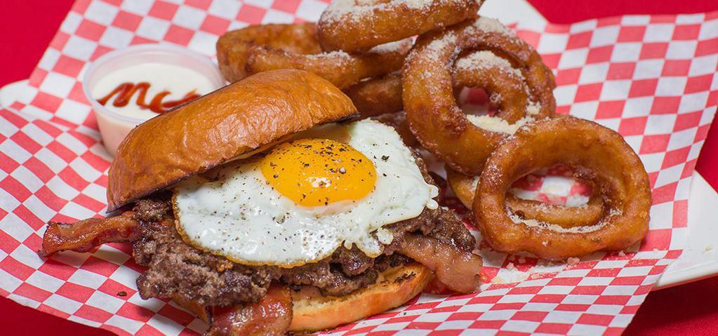 Triple Crown Burger · Two steakburger patties, maity g's fry sauce, applewood smoked bacon and a fried egg