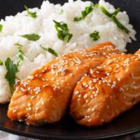 Teriyaki Salmon Bowl · Delicious bowl is full of salmon in homemade teriyaki sauce, served over white rice.