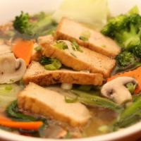 Vegetarian Pho · Vegetable Soup with Tofu, Rice Noodles, and Vegetables : Broccoli, mushroom, carrot, celery,...