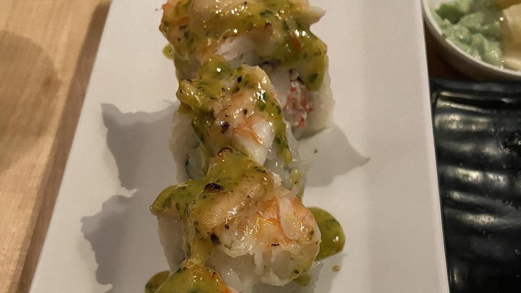 Ichi · House crab, avocado, cucumber, seared shrimp and baked sauce, sweet chili cilantro sauce. Cooked.