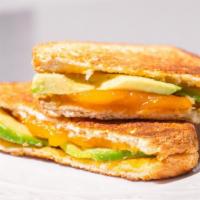 The California Melt · Melted Monterey Jack & cheddar, sliced avocado, mayo, pressed on wheat bread