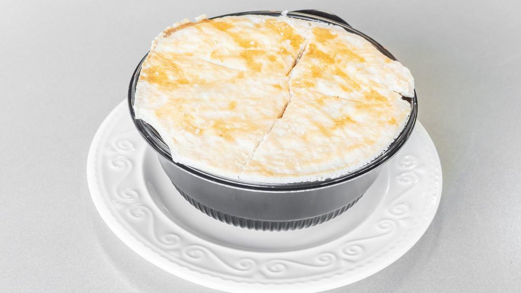 Individual Chicken Pot Pie · 16 oz. serving of our chicken pot pie. Diced chicken and mixed veggies cooked in roux served in a bowl with a flaky crust added to the top.
