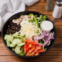 Maya Garden Salad · Crispy lettuce, tomato, cucumbers, onion, mozzarella, black olives, green and mushrooms.