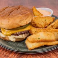 Simple Burger - Single Patty Combo  · Single patty burger with or without cheese/pickles + potato wedges + drink