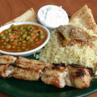 Chicken Souvlaki · Marinated and skewered boneless skinless chicken breast. Served with rice, yia yia’s veggies...