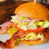 Southwest Chicken Sandwich · Grilled chicken breast, pepper-jack cheese, jalapeno bacon, grilled green-chilis, chipotle m...