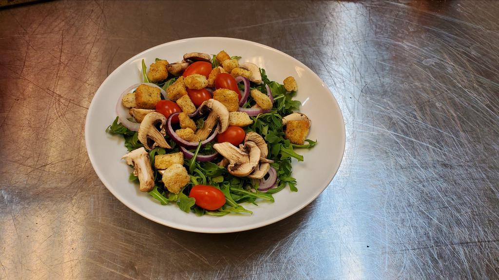 Half House Salad · Mixed greens, cherry tomatoes, mushrooms, red onion, croutons.