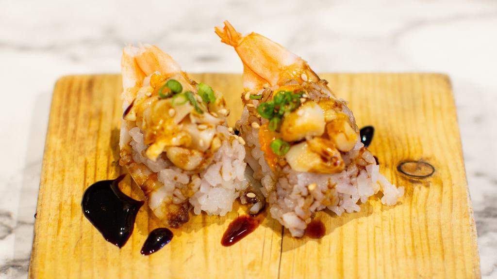 Upside Down Shrimp · Ebi Shrimp topped with scallops