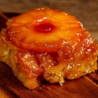 Pineapple Upside Down Cake · House-made soft and buttery cake with a caramelized brown sugar pineapple ＆ cherry topping.