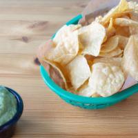 Chips & Guacamole · Basket of local Juanitas corn chips and fresh authentic taqueria guacamole.