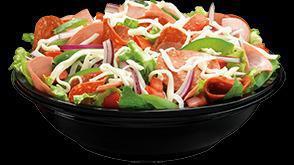 Antipasto Salad · Made fresh with a blend of crispy iceberg and romaine lettuce, topped with pepperoni, ham, red onions, green peppers, tomatoes and shredded mozzarella cheese.