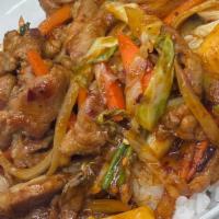 Spicy Pork With Rice Cakes · if you were a fan of our spicy chicken, you'd love this. It is a stir fried spicy pork with ...