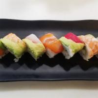 *Rainbow Roll · In: Crab meat, Cucumber, Avocado
Out: Tuna, Salmon, Shrimp, Snapper.

*consuming  raw or und...