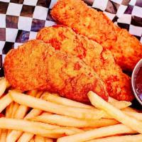 Chicken Strips & Fries Bundle · Three crispy pieces of chicken, fries, served with your favorite dipping sauce. Served with ...