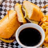 Mvp Melt · Two house hamburger patties, caramelized onions, melted Swiss on garlic bread with au jus. S...