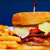 Lob Burger · House hamburger patty, four slices of bacon, Cheddar cheese, lettuce, tomatoes, pickles, and...