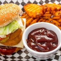 Bbq Burger · House burger patty, three onion rings, Pepper Jack cheese, spicy house BBQ sauce, lettuce, t...