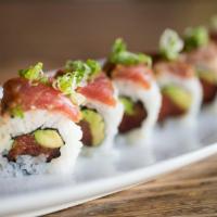 Diablo · Spicy Tuna and Avocado topped with Seared Tuna, Scallions and Ponzu Sauce