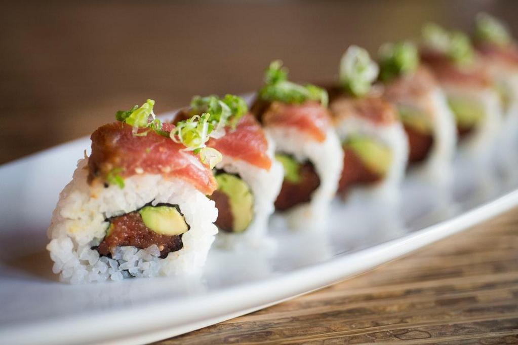 Diablo · Spicy Tuna and Avocado topped with Seared Tuna, Scallions and Ponzu Sauce