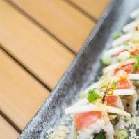 Himalayan · Spicy Scallop, Shiso Leaf and Avocado topped with Tuna, White Onion, Poke Sauce and Tempura ...
