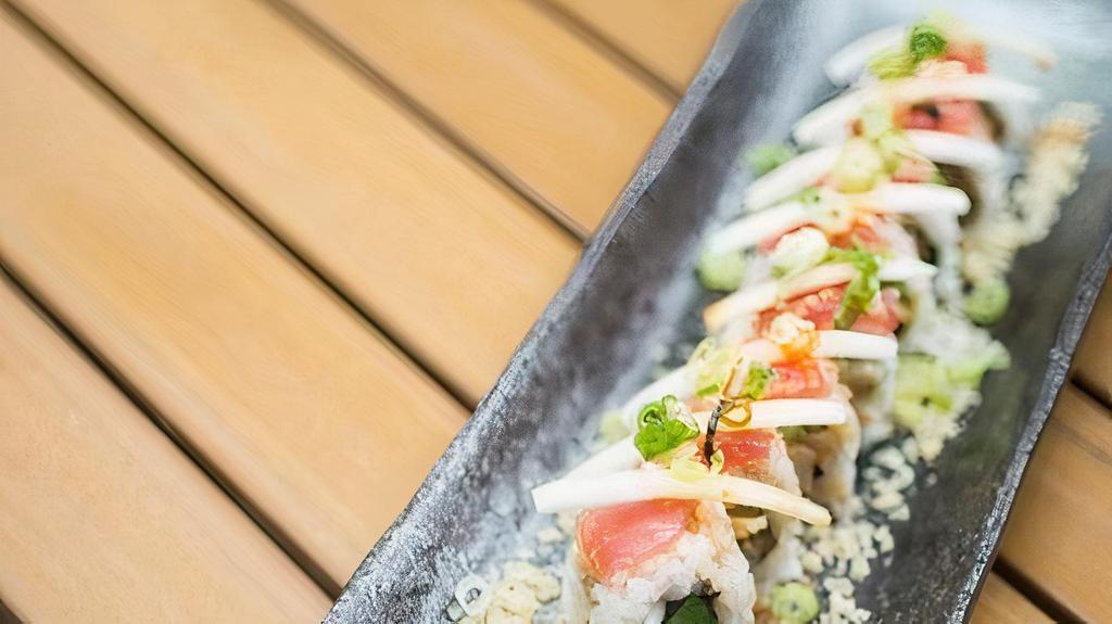 Himalayan · Spicy Scallop, Shiso Leaf and Avocado topped with Tuna, White Onion, Poke Sauce and Tempura Crunch
