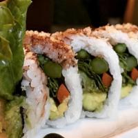 Chicago · Shrimp Tempura, Burdock Root, Green Leaf, Asparagus, Avocado and Spicy Mayonnaise topped wit...