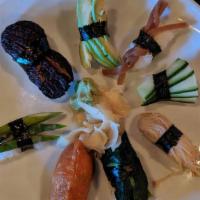 Sushi V8 · 1pc nigiri of: spinach, shiitake, asparagus, avocado, cucumber, enoki mushroom, inari and ko...