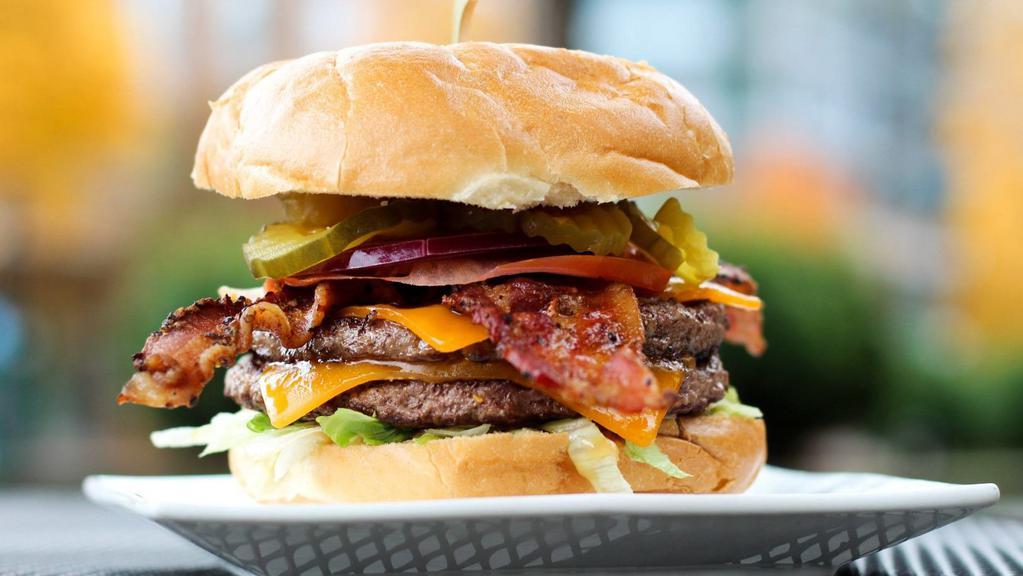 Double-Play · 2 burger patties, 2 bacon slices, 2 slices of cheese. Batter up!