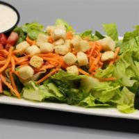 House Salad · Fresh chopped romaine lettuce, tomato and cucumber. Topped with shredded carrots and garlic ...