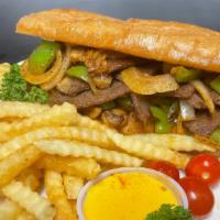 Philly Cheese Steak With Fries (Combo ) · Philly steak grilled with onions, Bell pepper, mushrooms and Swiss cheese and a side of fries.